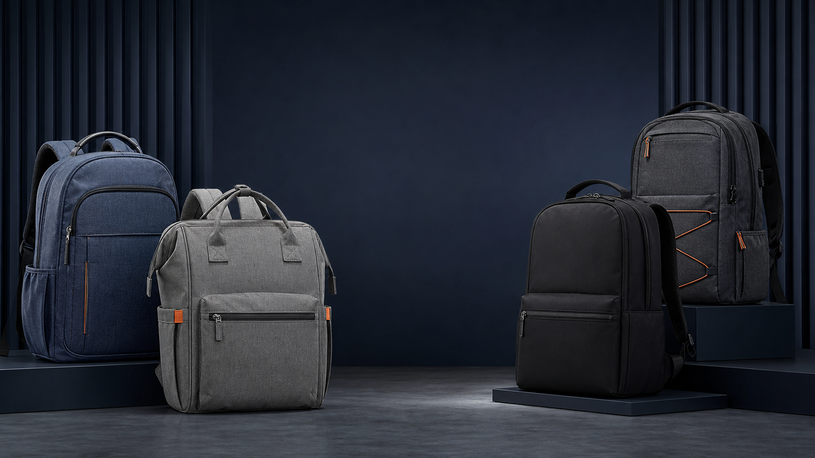 Unbranded commuter and everyday backpacks arranged in a dark studio