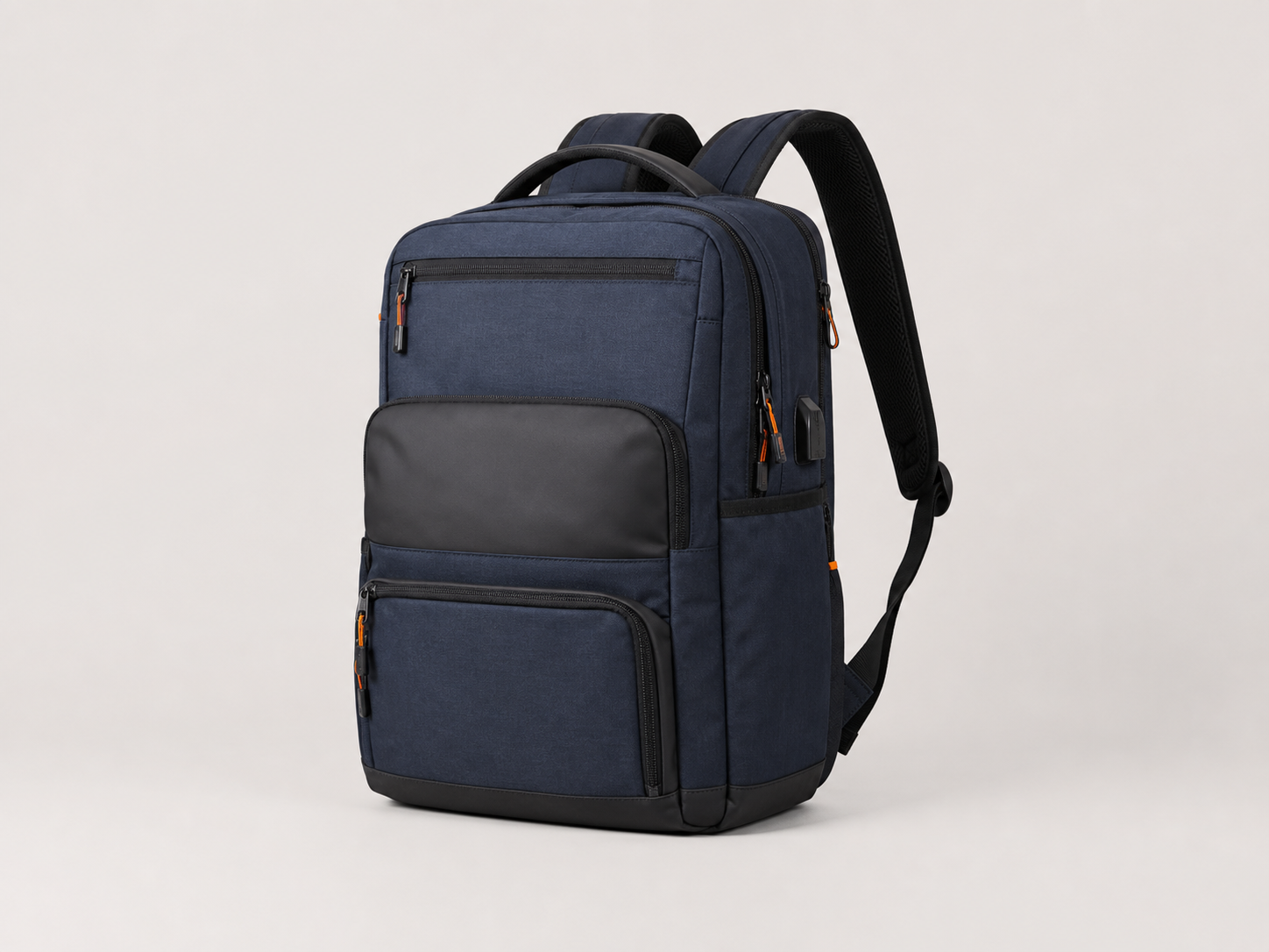 Navy commuter backpack with multiple compartments and padded straps