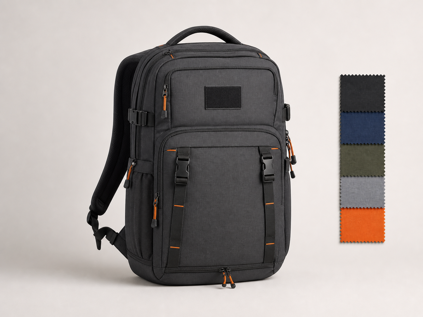 Charcoal customizable backpack displayed with fabric color swatches