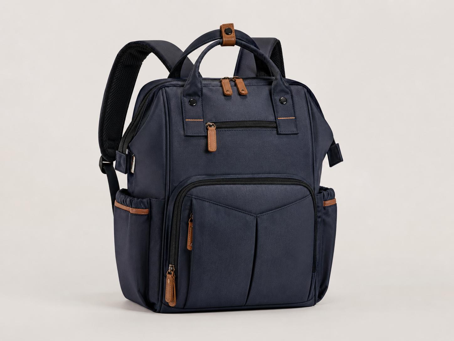 Navy diaper backpack with wide opening and organized side pockets