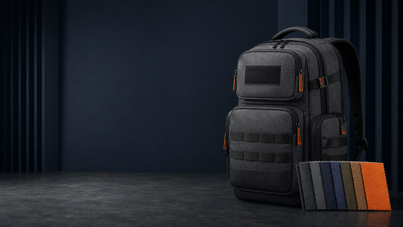 Customizable charcoal backpack with fabric color swatches