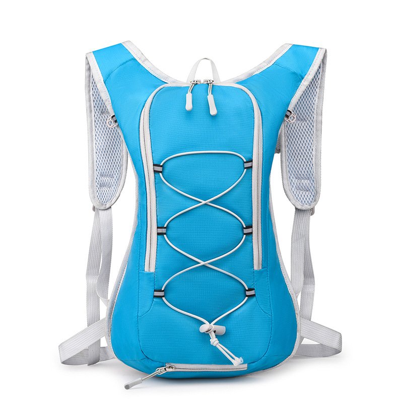 Blue outdoor cycling backpack with hydration compartment and elastic cord