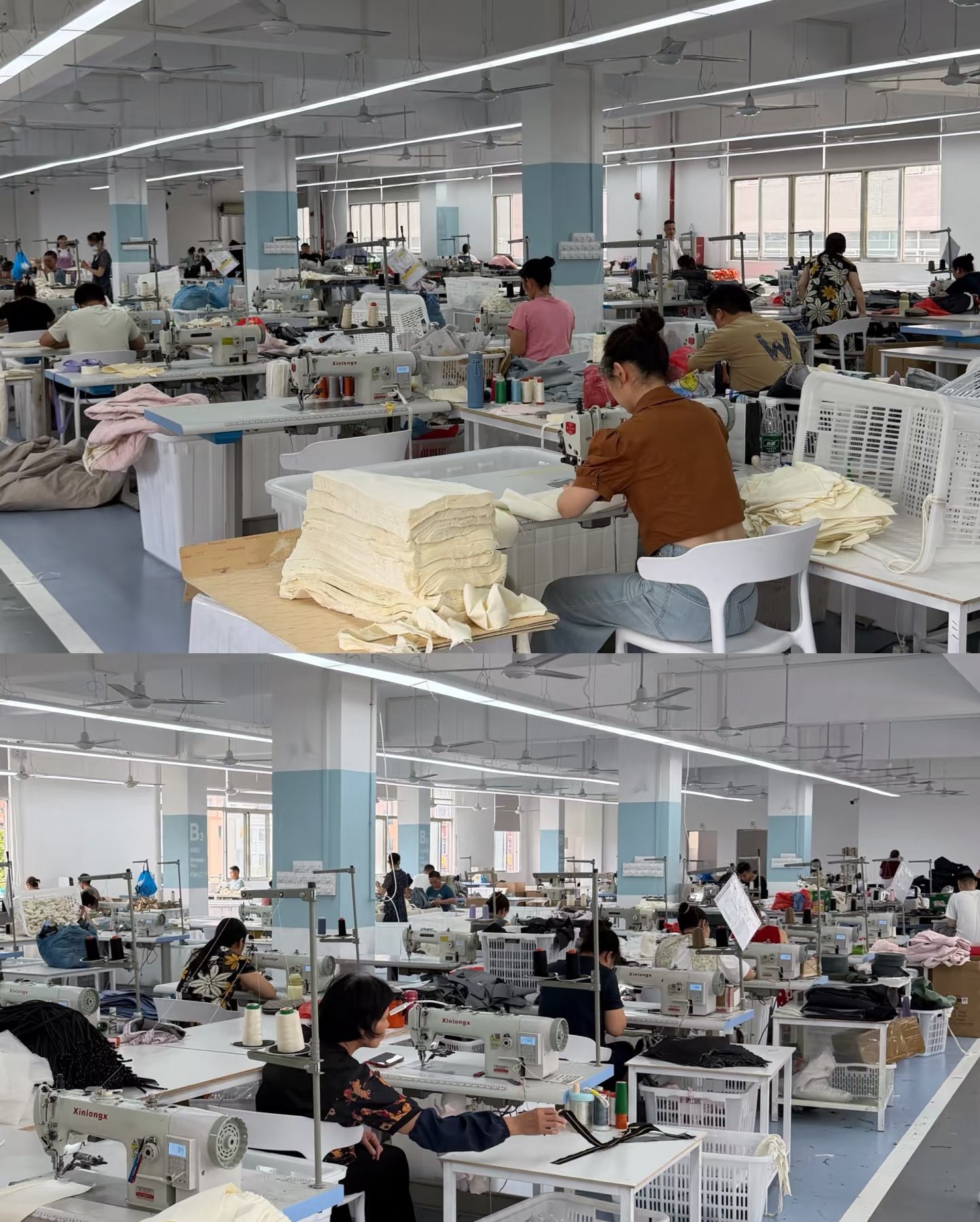Backpack production workshop with sewing stations at a China backpack factory
