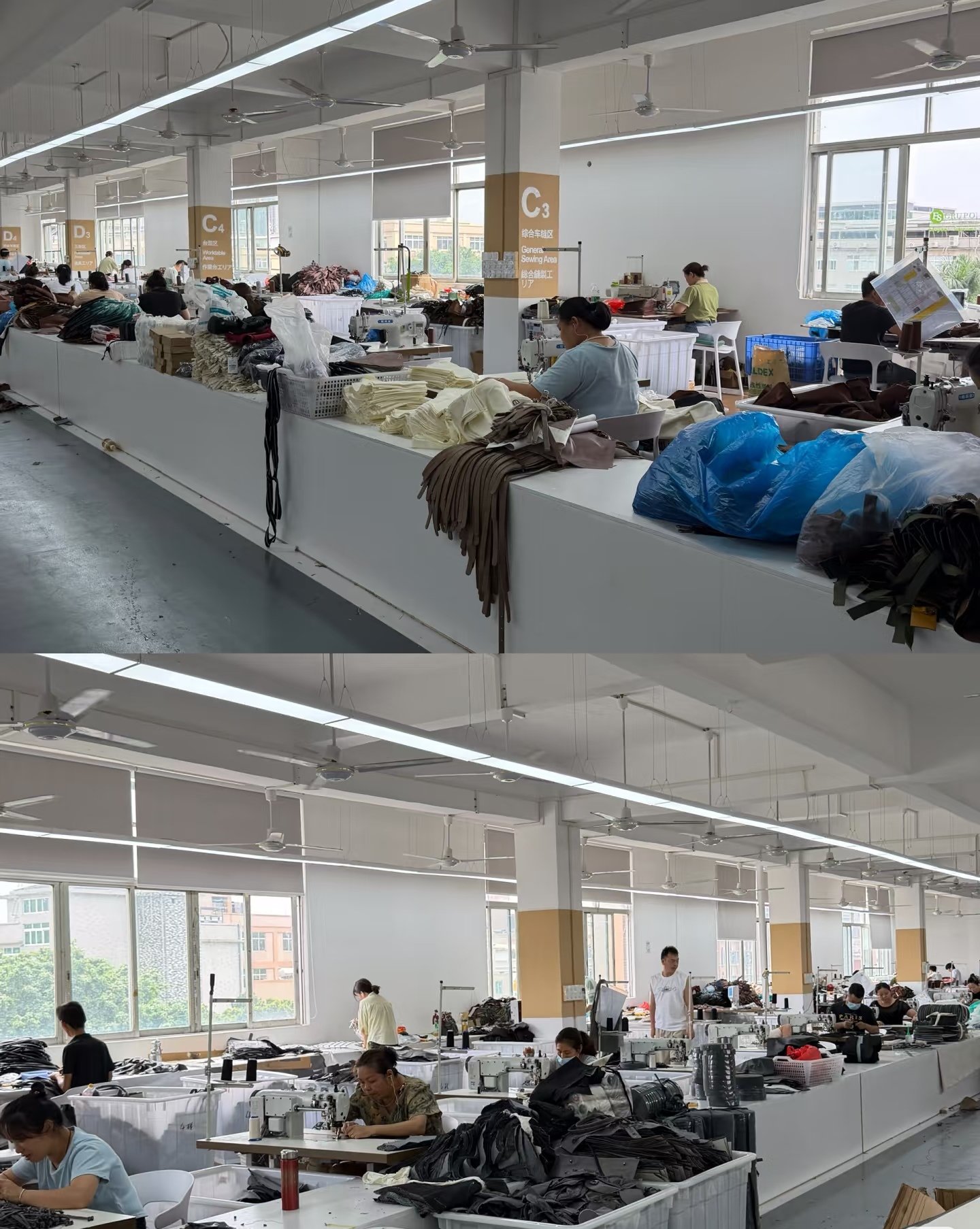 Organized sewing area for wholesale and custom backpack production