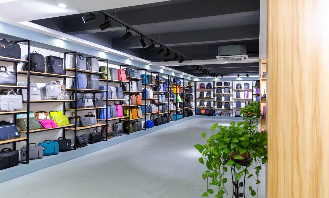 Baigouledao backpack showroom displaying wholesale and custom bag styles