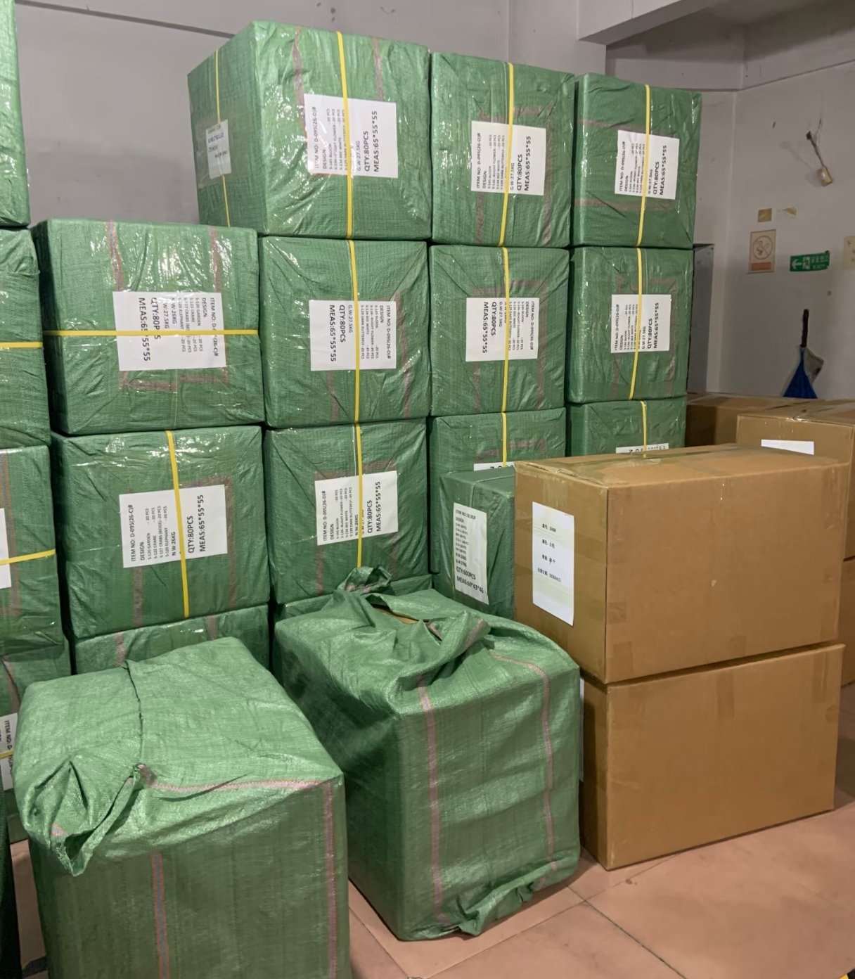 Packed backpack cartons prepared for bulk shipment