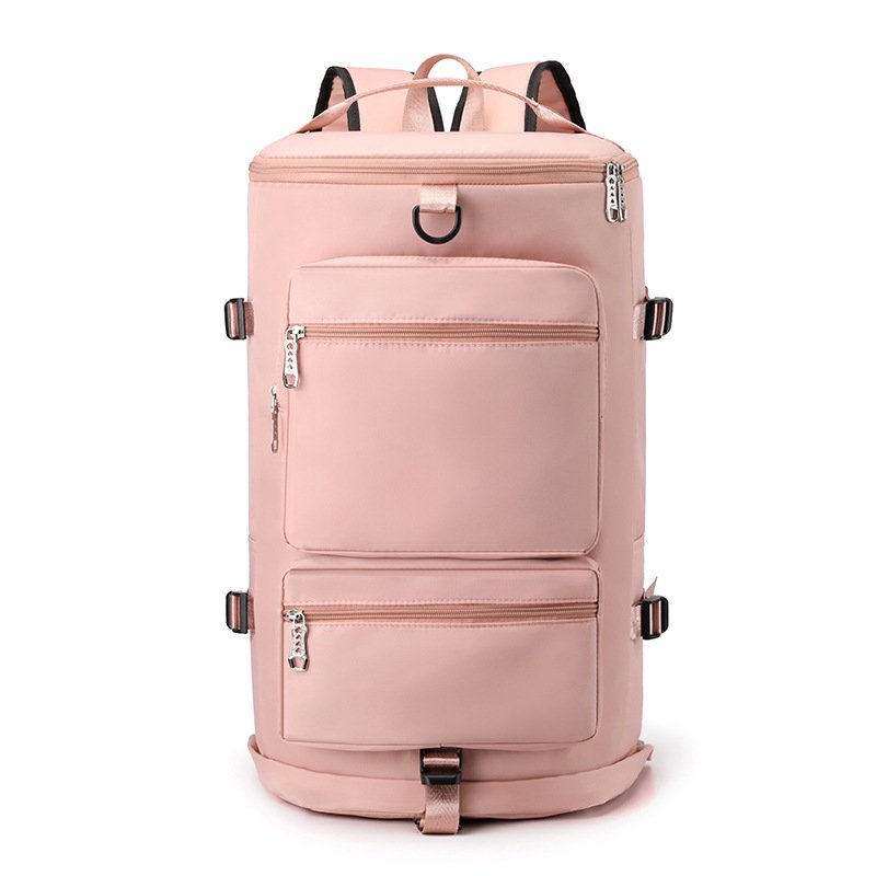 Pink backpack travel bag with multiple front zip pockets